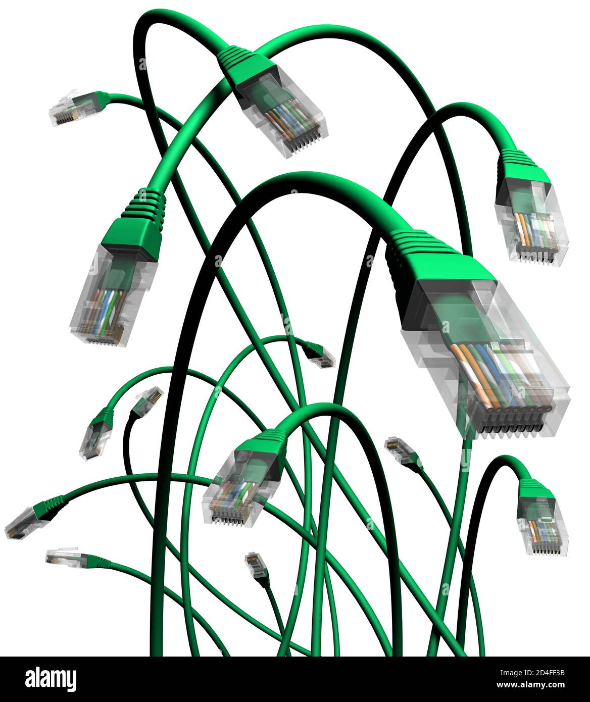 Ethernet-Kabel, Grünanlage, Netzwerk, Dschungel, Wachstum, Erweiterung. Weißer Hintergrund, Nahaufnahme Stockfoto