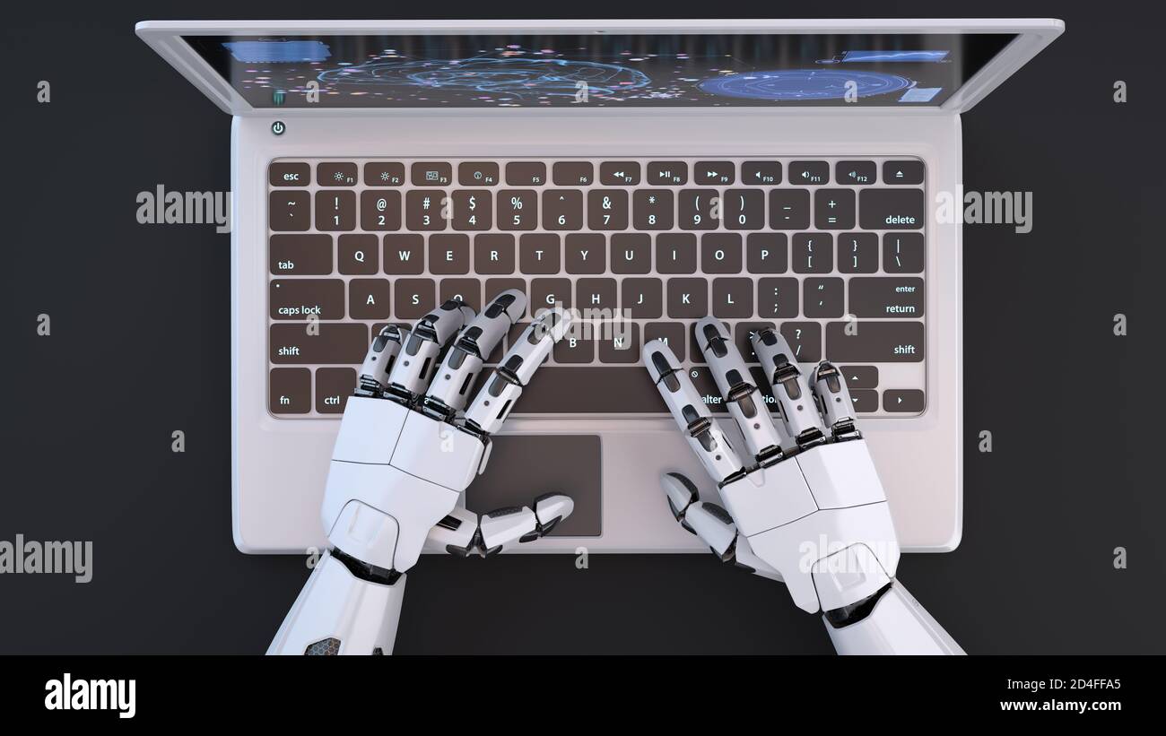 Roboterhände tippen auf Laptops. 3D-Illustration Stockfoto