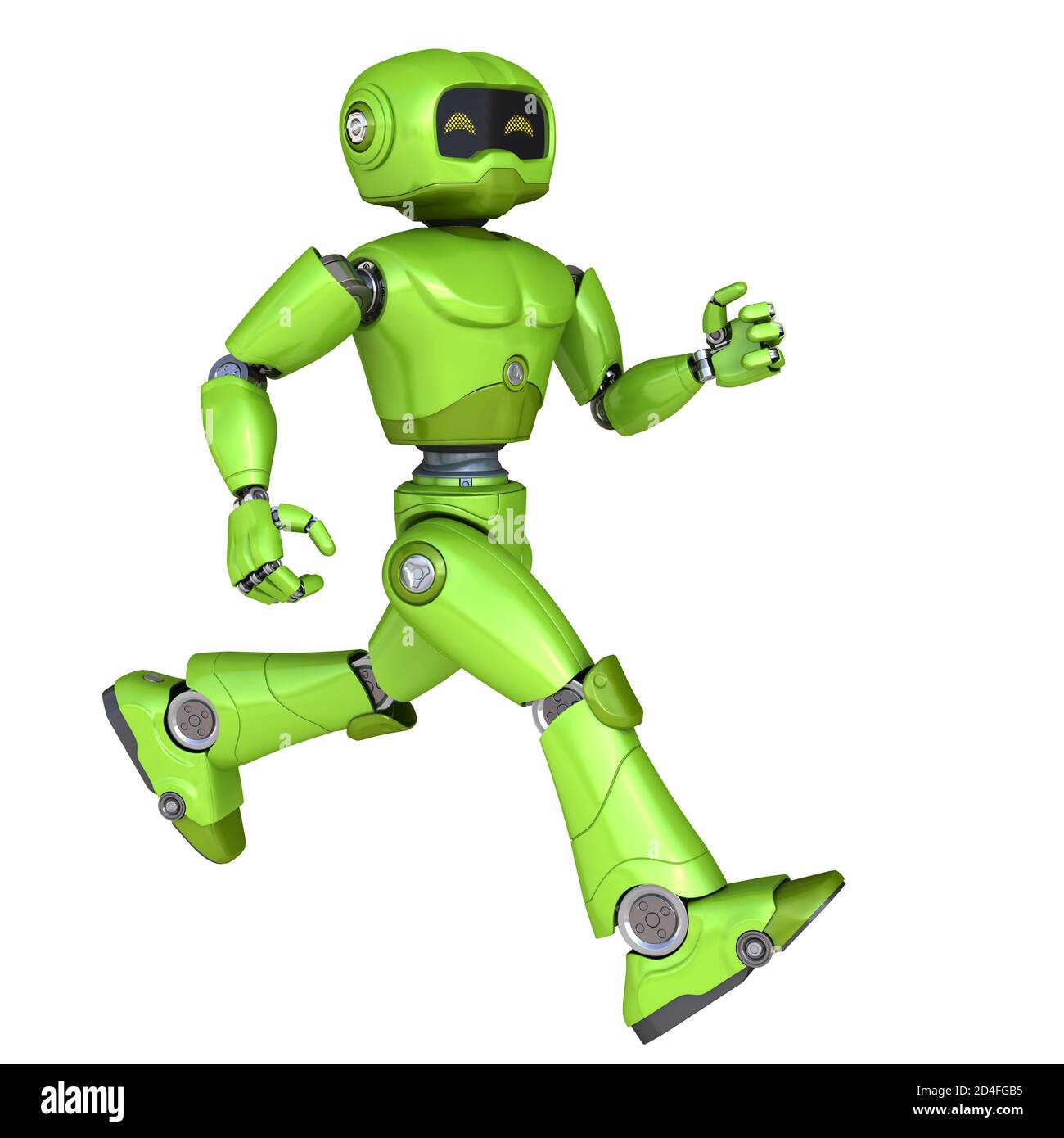 Running Green Robot isoliert auf weiß. 3D-Illustration Stockfoto