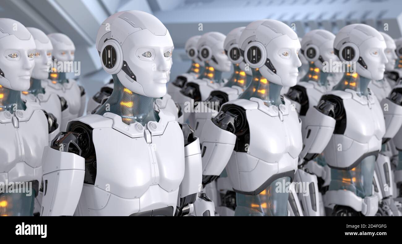 Masse von Robotern. 3D-Darstellung Stockfoto