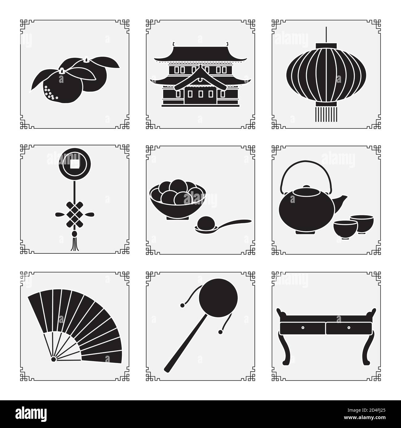 Symbole des chinesischen Neujahrs 2021 Vektor-Illustration Chinesische Laterne, Mandarinen, Rassel, Lebensmittel süß Reisbälle tangyuam, Münze, Teekanne, Tassen, Tabl Stock Vektor