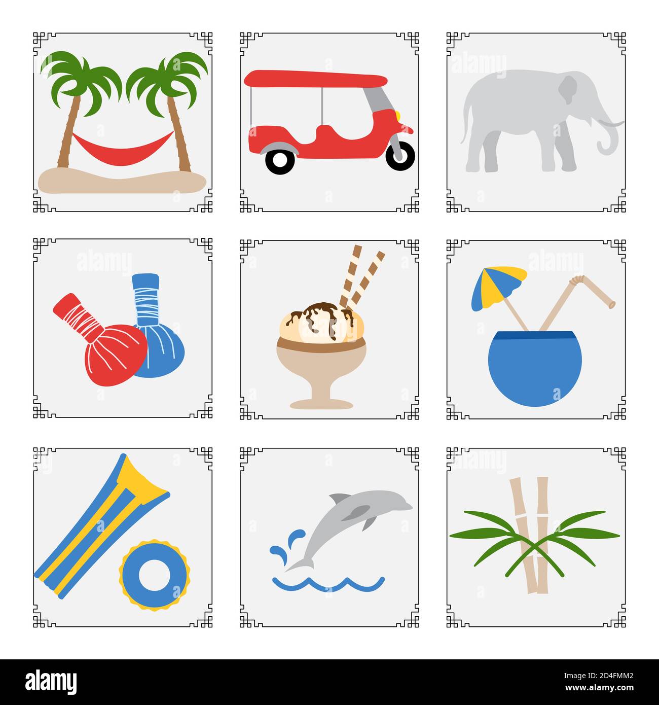 Thailand Symbole Set Vektor-Illustration Tuk-Tuk, Palmen, Hängematte, Elefant, Kräuterbeutel für Massage, Eis, Cocktail, aufblasbarer Ring, Matte Stock Vektor