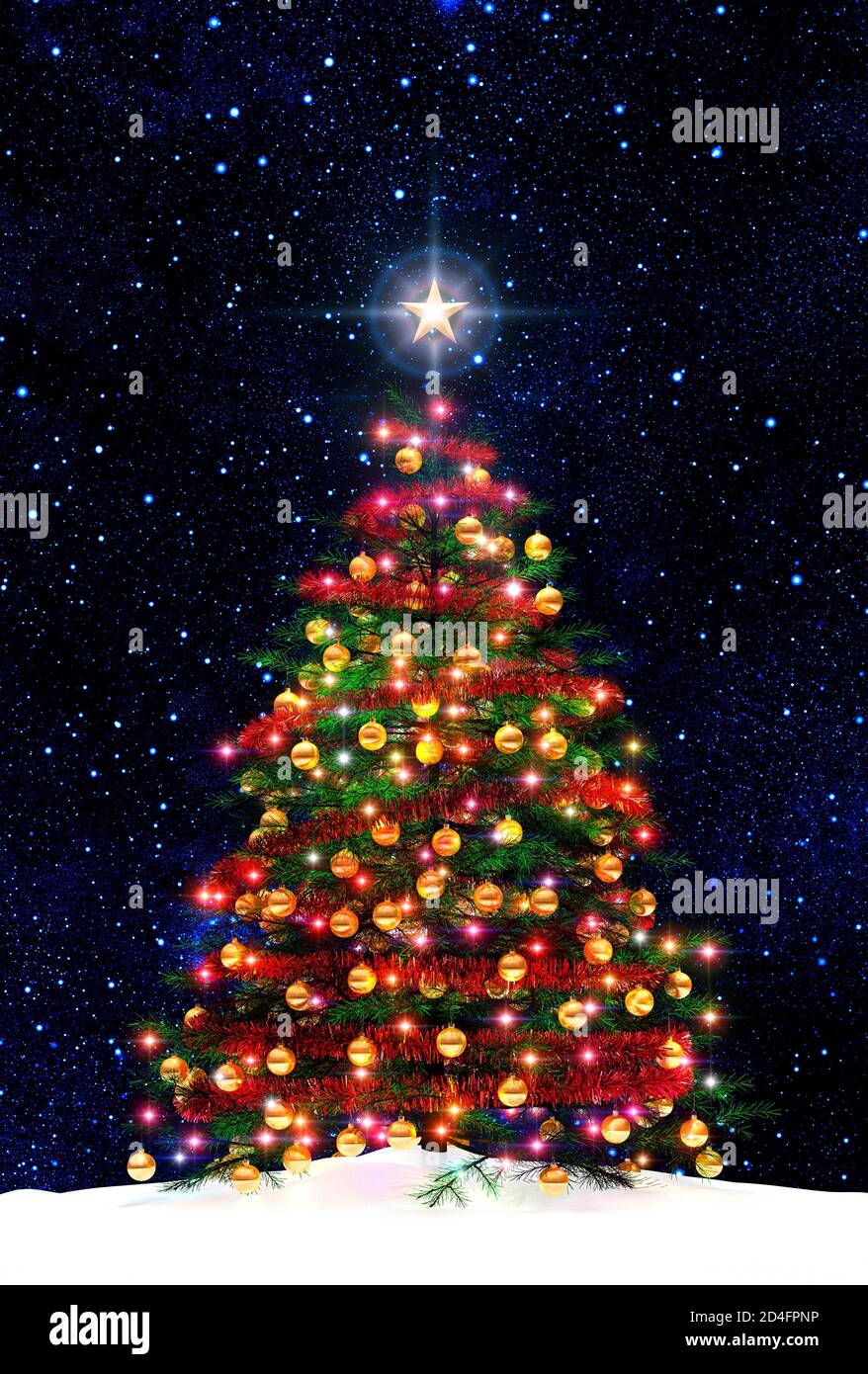 Weihnachtsbaum Stern Hintergrund, ausgeschnitten, isolierte Nacht, dekoriert mit Kugeln und Weihnachtsbeleuchtung. Schnee auf dem Boden. Goldene Dekorationen, Kugeln Stockfoto