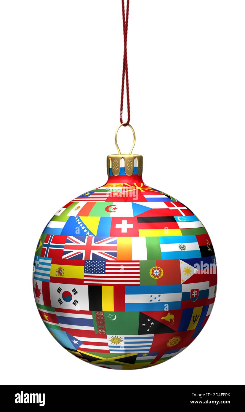 Weihnachtskugel mit Flaggen der Welt geschmückt. International. Ausschnitt isoliert auf weißem Hintergrund, Global Celebration. Hängend. Weltfrieden Stockfoto