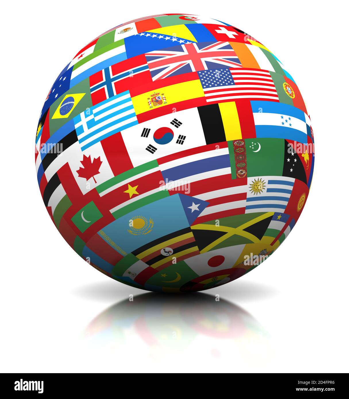 Globus der Weltflaggen, internationale Symbole der Länder weltweit, weißer Hintergrund, ausgeschnitten Stockfoto