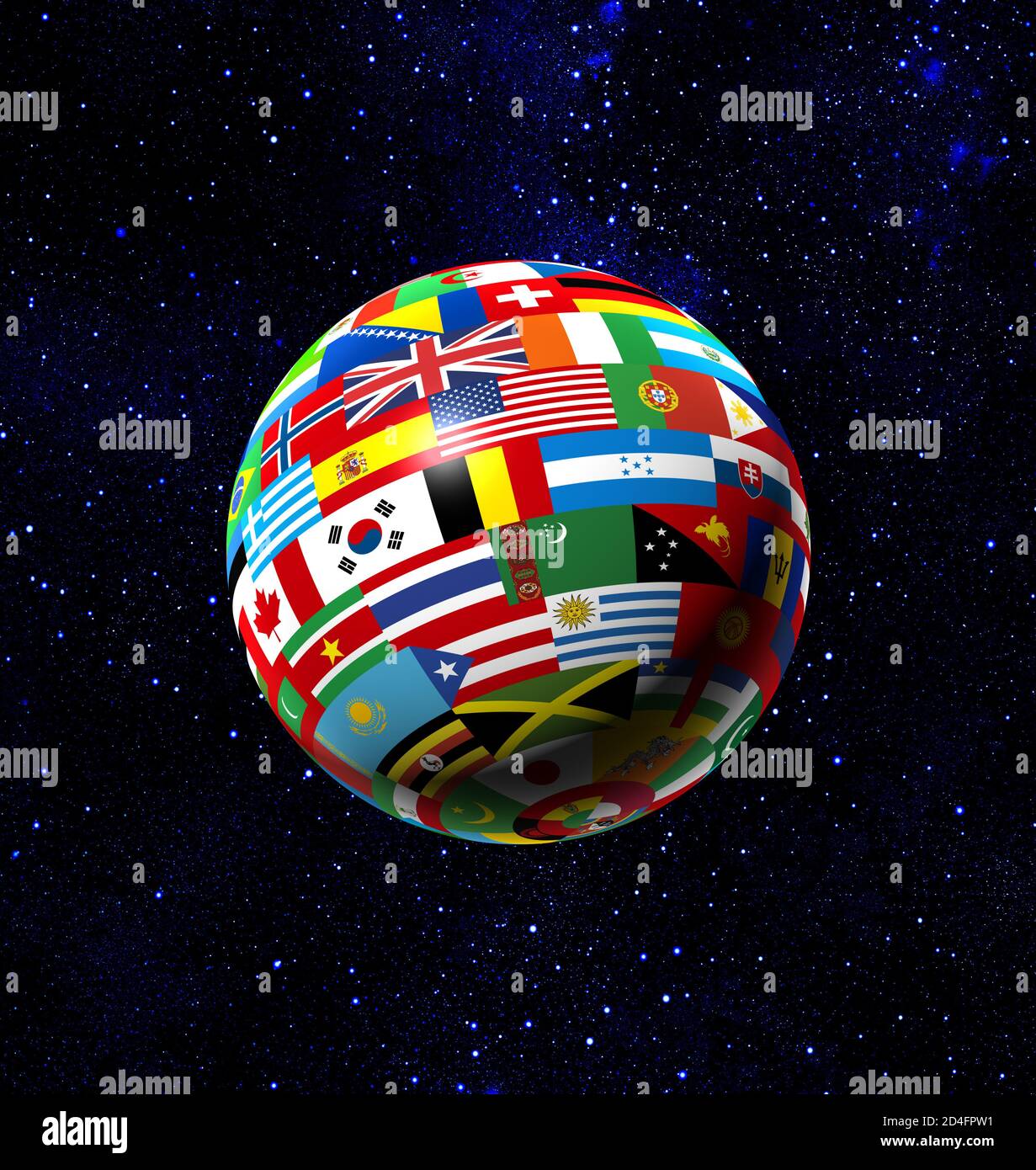 Fahnenkugel vor einem Sternenhintergrund. Globale Welt Stockfoto