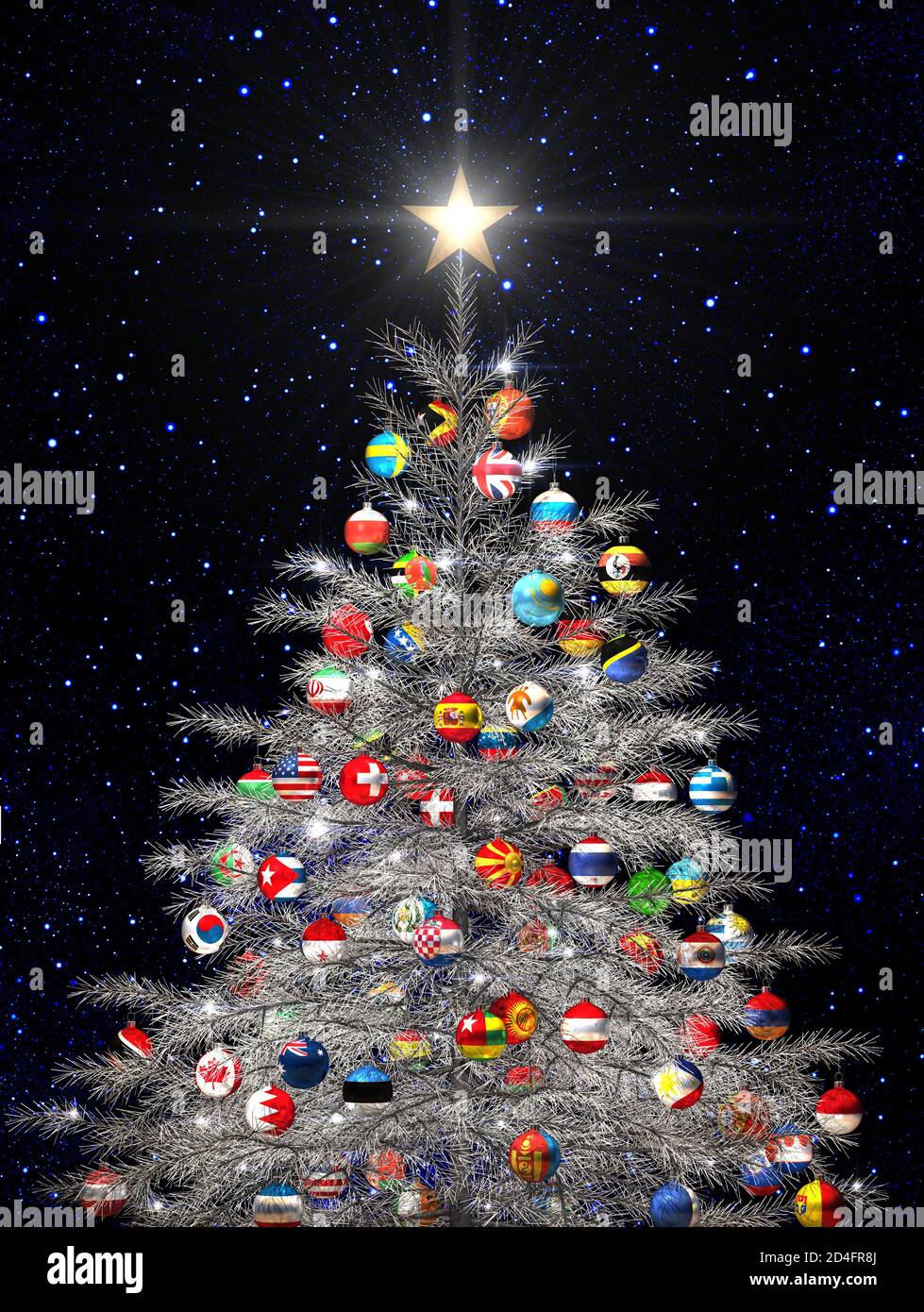 Weihnachtsbaum mit internationalen Flagge Kugeln Dekorationen isoliert Stern Hintergrund Hintergrund Stockfoto