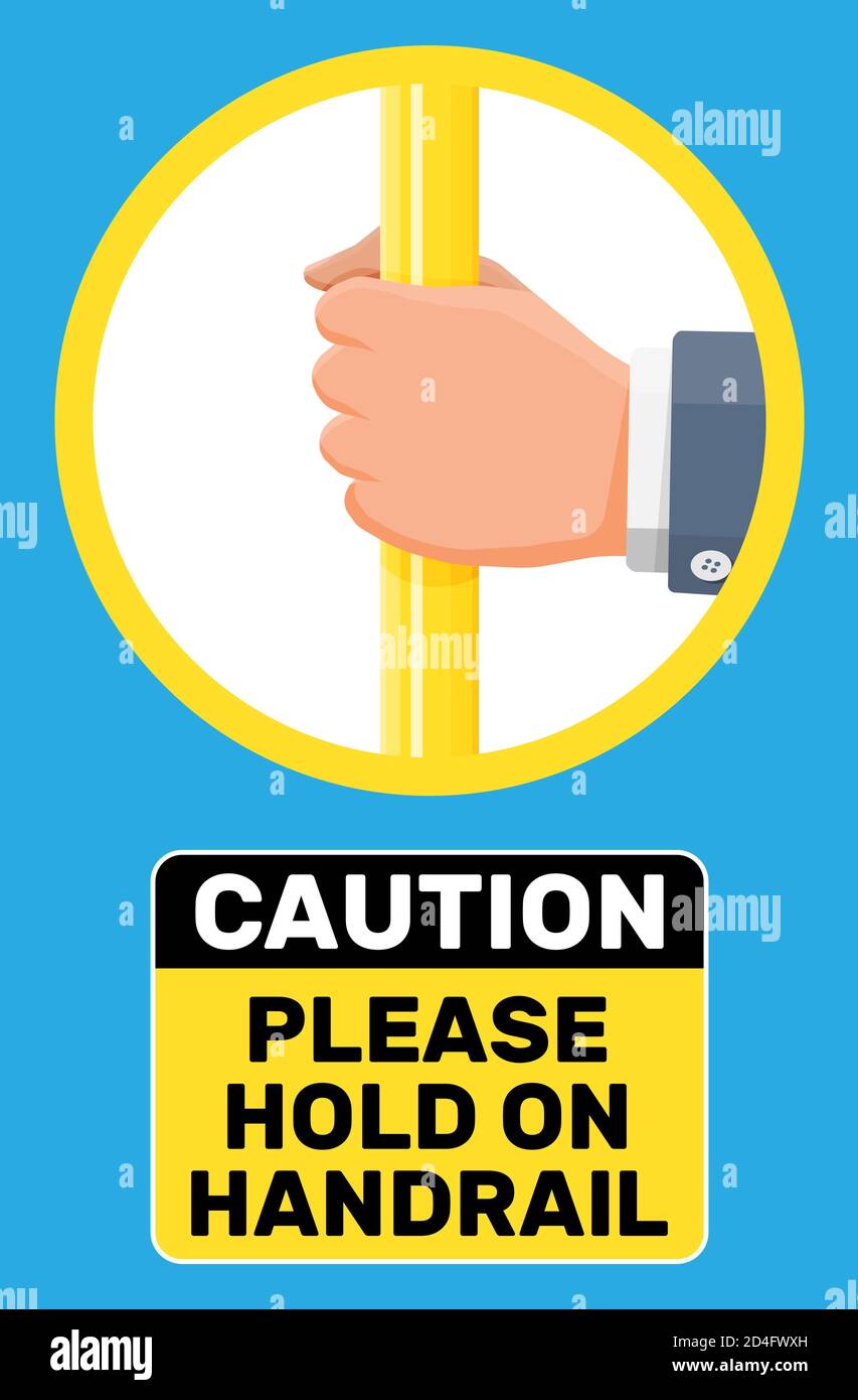 Hand, die den Handlauf beim Transport hält. Griffe für den sicheren Transport von Fahrgästen in Bus, U-Bahn, Zug. Gerader gelber Griff und Hand isoliert auf weiß. Cartoon flache Vektor-Illustration Stock Vektor