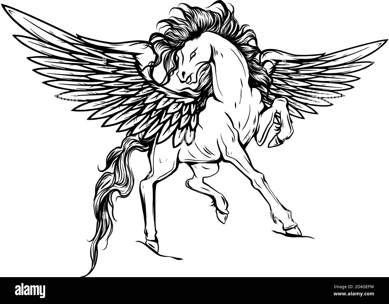 Weißer pegasus, mythologisches geflügeltes Pferd, Illustration isoliert auf weißem Hintergrund Vektor Stock Vektor