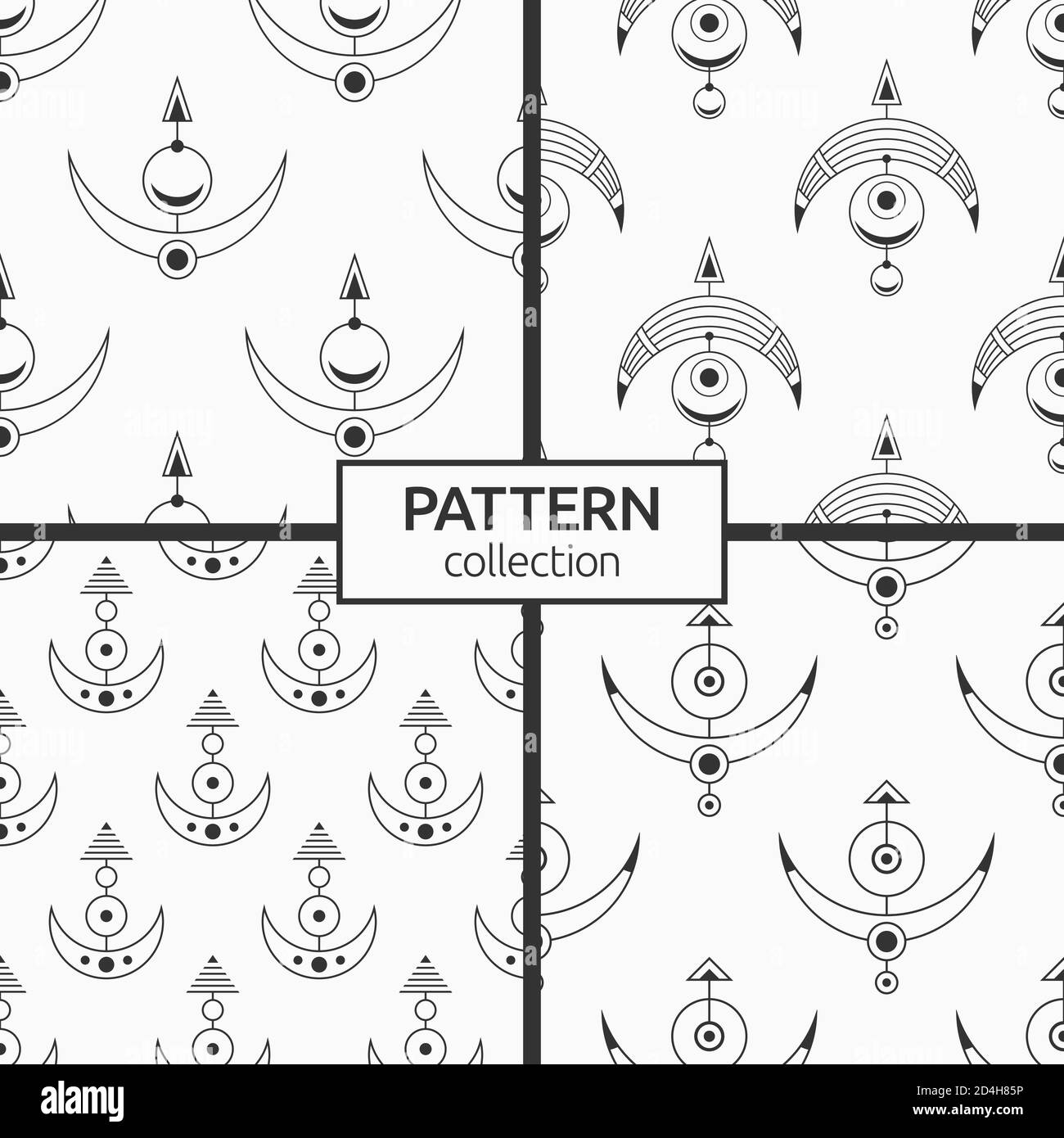 Satz von vier heiligen geometrischen Symbolen nahtlose Muster. Moderne, stylische Textur. Linearer Stil. Interior Design, Digitalpapier, Web, Textildruck. Stock Vektor