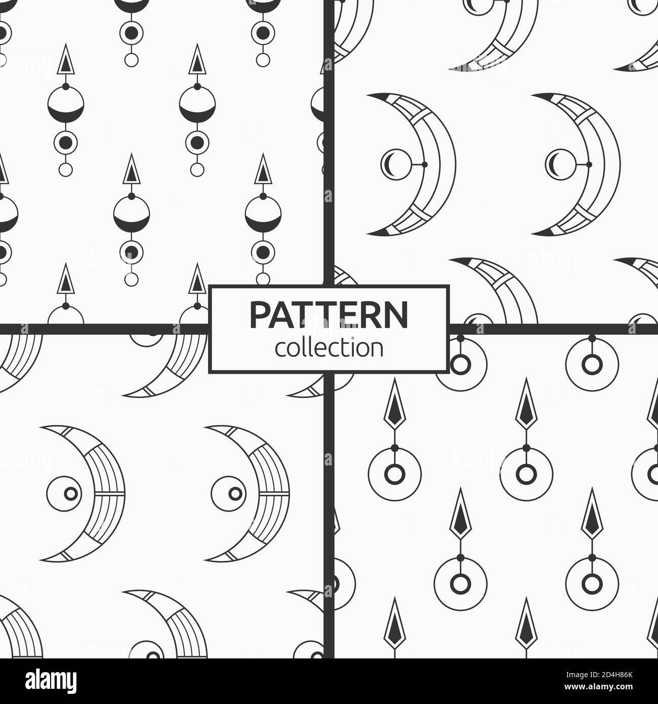 Satz von vier heiligen geometrischen Symbolen nahtlose Muster. Moderne, stylische Textur. Linearer Stil. Interior Design, Digitalpapier, Web, Textildruck. Stock Vektor