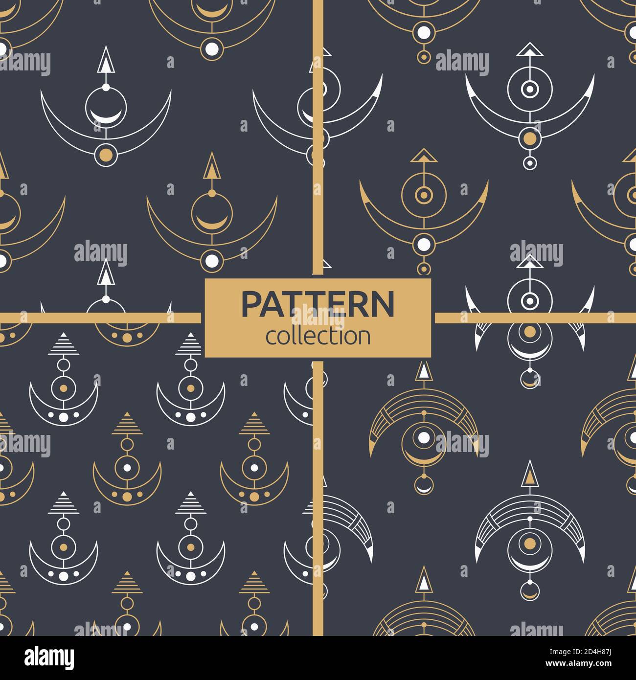 Satz von vier heiligen geometrischen Symbolen nahtlose Muster. Moderne, stylische Textur. Linearer Stil. Interior Design, Digitalpapier, Web, Textildruck. Stock Vektor