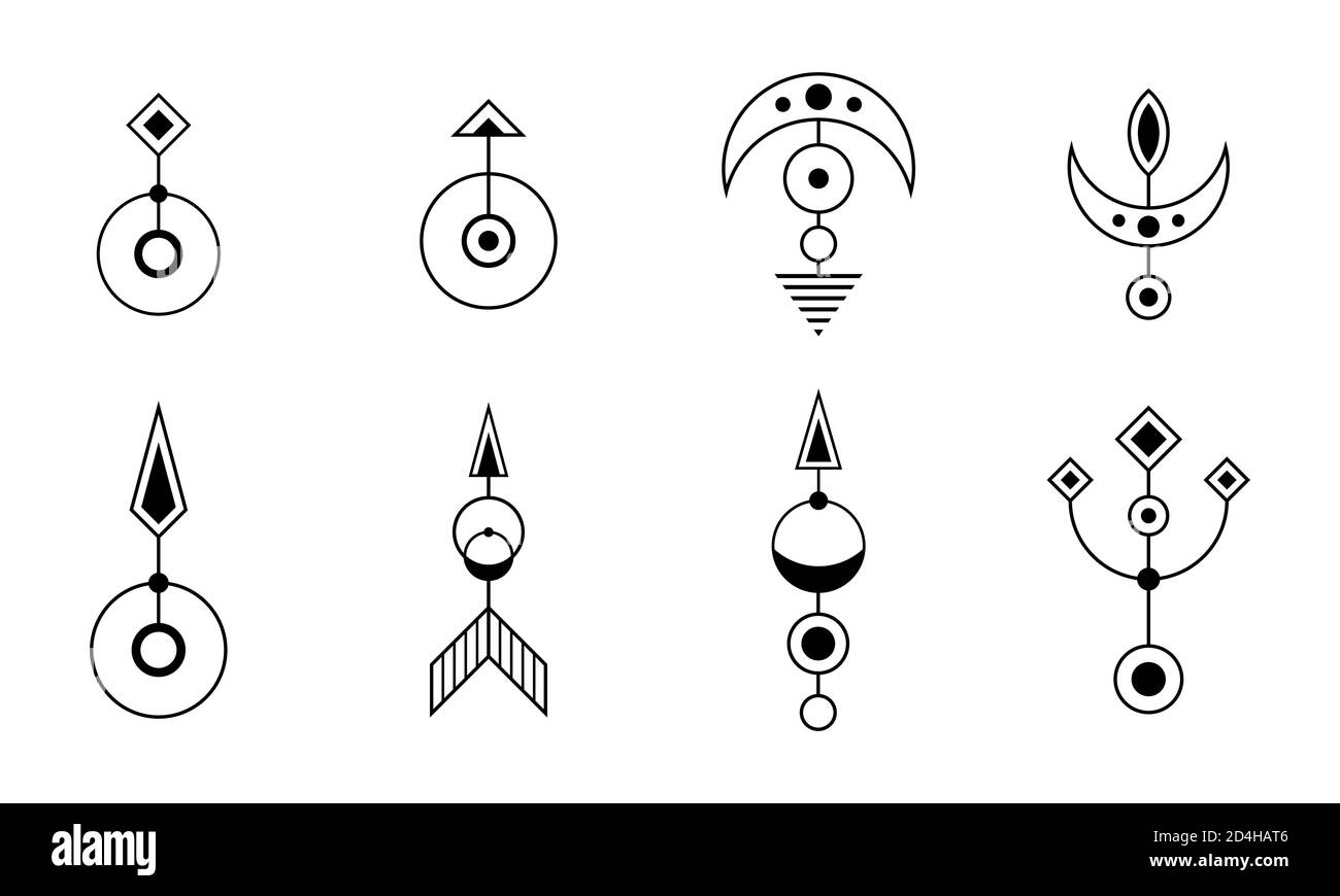 Satz von acht abstrakten geometrischen Symbolen. Heilige Geometrie Zeichen mit geometrischen Formen. Isoliert auf weißem Hintergrund. Schwarze lineare Formen. Lineares Logo. Stock Vektor
