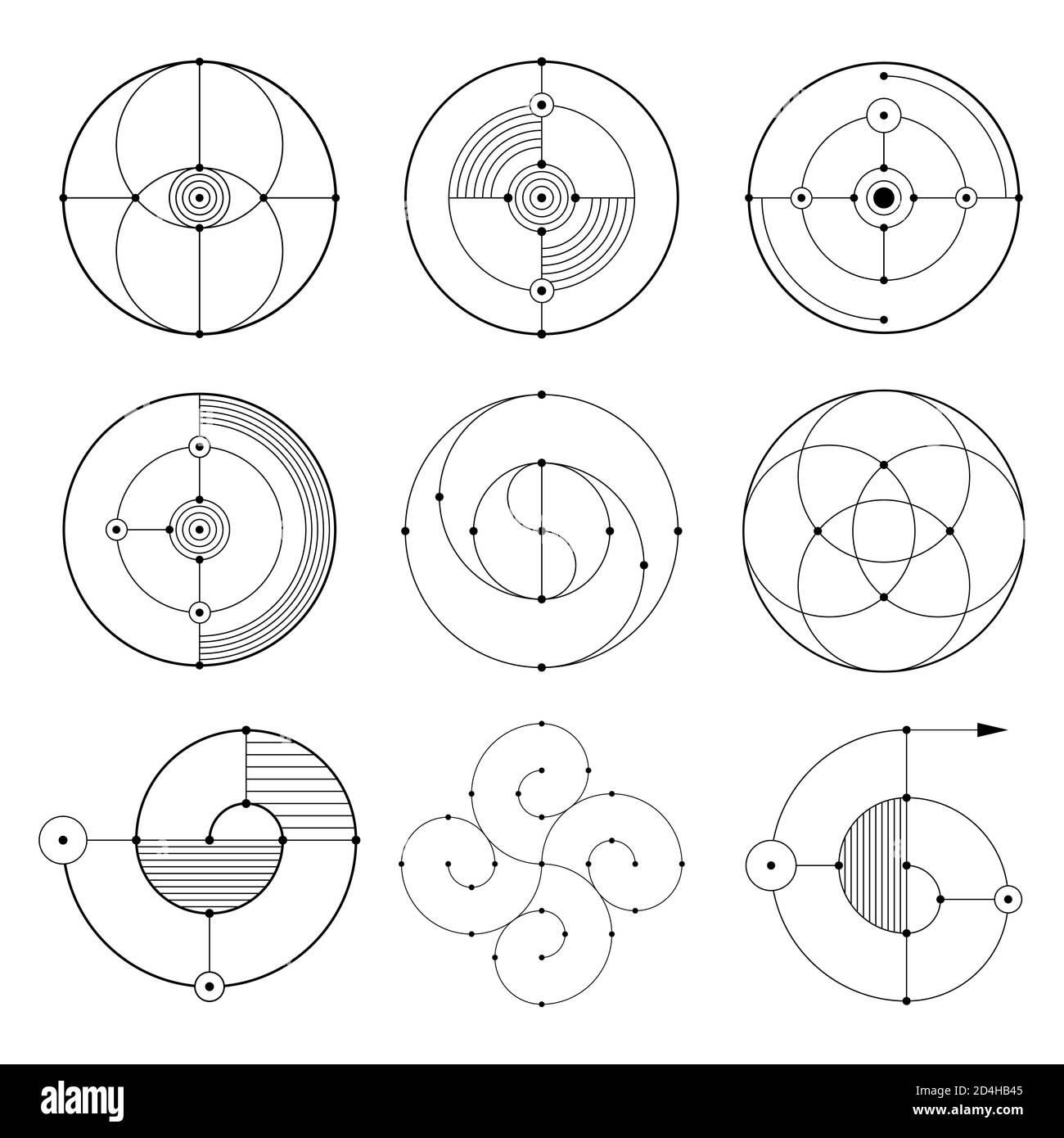 Satz abstrakter geometrischer Symbole. Heilige Geometrie Zeichen mit geometrischen Formen. Isoliert auf weißem Hintergrund. Schwarze lineare Formen. Lineares Logo. Stock Vektor