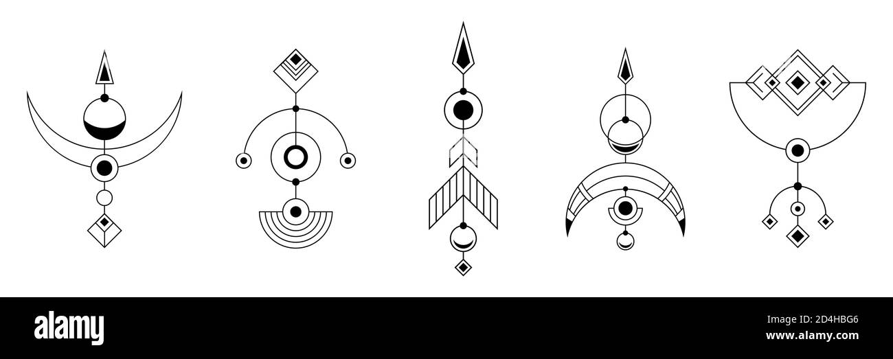 Satz von vier abstrakten geometrischen Symbolen. Heilige Geometrie Zeichen mit geometrischen Formen. Isoliert auf weißem Hintergrund. Schwarze lineare Formen. Lineares Logo. Stock Vektor