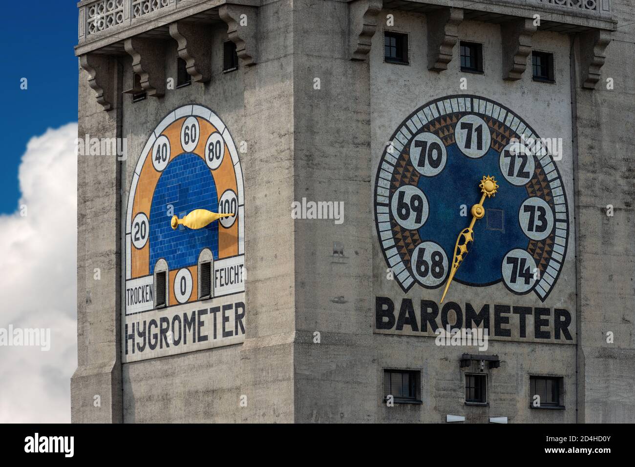 Nahaufnahme der Wetterturmstation (Wetterturm) mit Barometer und Hygrometer des Deutschen Museums, München, Bayern, Deutschland, Europa. Stockfoto