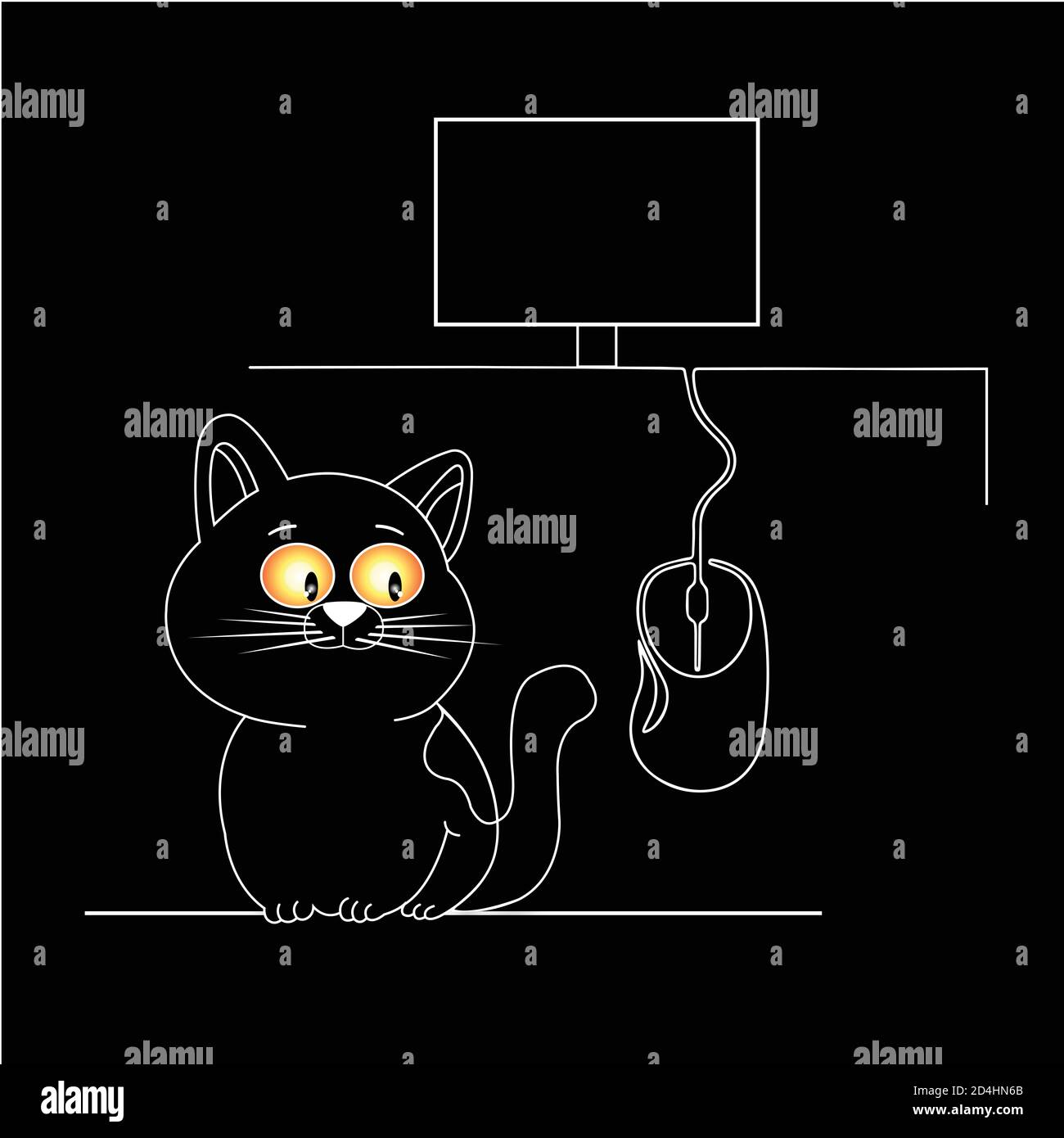Katze und Computermaus. Linienzeichnung auf schwarzem Hintergrund isoliert. Stockfoto Katze und Computermaus. Linienzeichnung auf schwarzem Hintergrund isoliert. Stockfoto