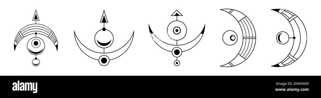 Satz von vier abstrakten geometrischen Symbolen. Heilige Geometrie Zeichen mit geometrischen Formen. Isoliert auf weißem Hintergrund. Schwarze lineare Formen. Lineares Logo. Stock Vektor