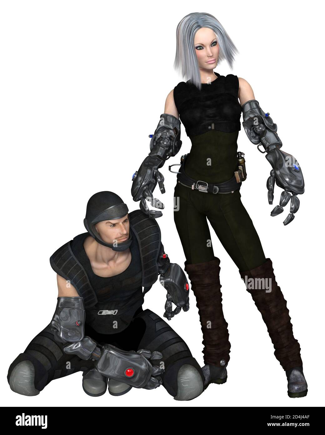 Männliche und weibliche Cyber-Soldaten warten auf Angriff, 3D digital gerenderte Illustration Stockfoto