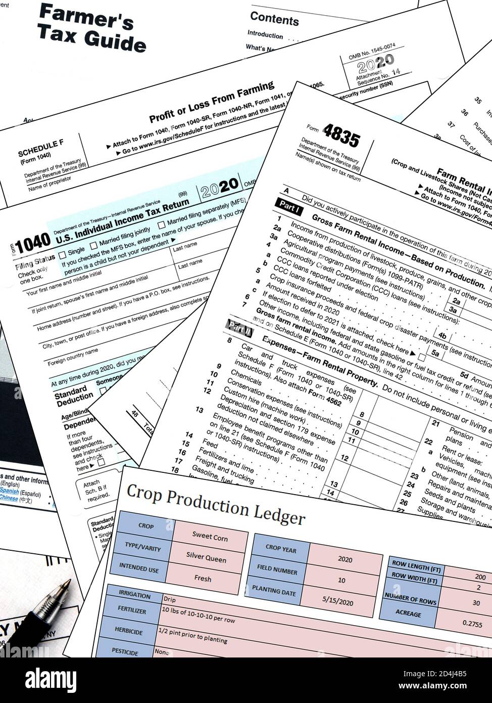 2020 IRS-Steuerformulare und Imitationskontopapiere auf einem Desktop. Stockfoto
