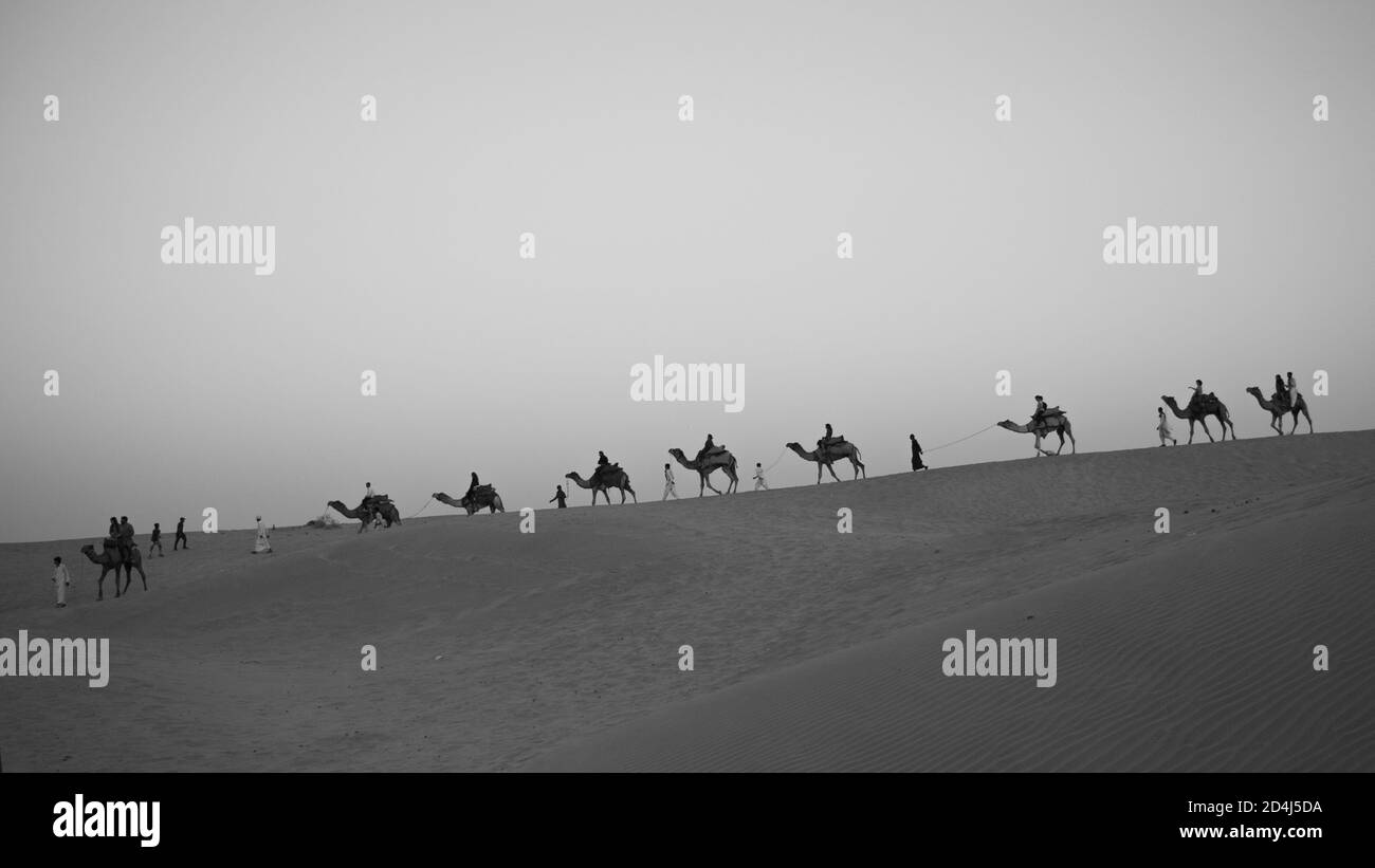 Ein selektiver Fokus Silhouette einer Reihe von Kamelen zu Fuß Auf Sam Sanddünen mit Leuten, die auf ihnen sitzen Stockfoto