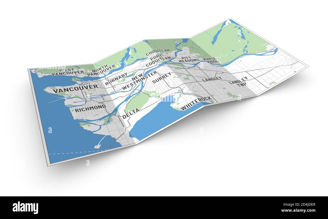 3d-Karte von Greater Vancouver und Gemeinden, BC, Kanada. Perspektivische Ansicht eines 4-fach Faltblatts oder einer Broschüre mit moderner Karte von Vancouver. Stockfoto