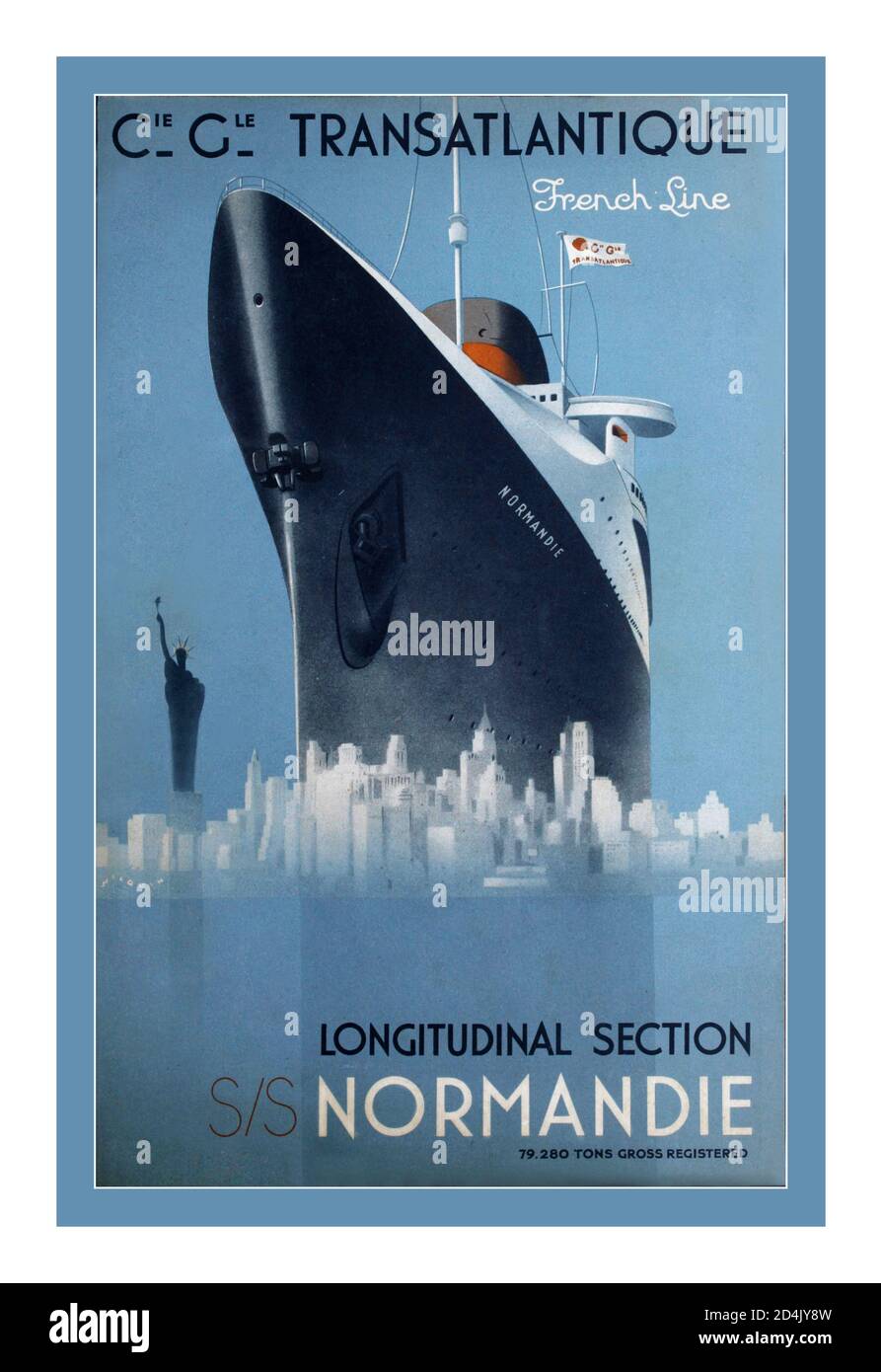 1930er JAHRE FRANZÖSISCHE LINIENSCHIFFFAHRT SS Normandie Vintage Ocean Liner Poster New York die SS Normandie war ein französischer Ozeandampfer, der in Saint-Nazaire, Frankreich, für die French Line Compagnie Générale Transatlantique gebaut wurde. 1932 ins Leben gerufen war sie das größte und schnellste Schiff der Welt, und sie behält die Auszeichnung als das leistungsstärkste Dampf-Turbo-Elektro-Fahrgastschiff jemals gebaut. Vintage Passenger Service Poster - Vintage Ocean Liner, Luxus Passagierschiffe und Twenty Century Steamship Reisen zu weltweiten Destinationen. Vintage Retro Shipping Lines und Passenger Ship Reisewerbung Stockfoto