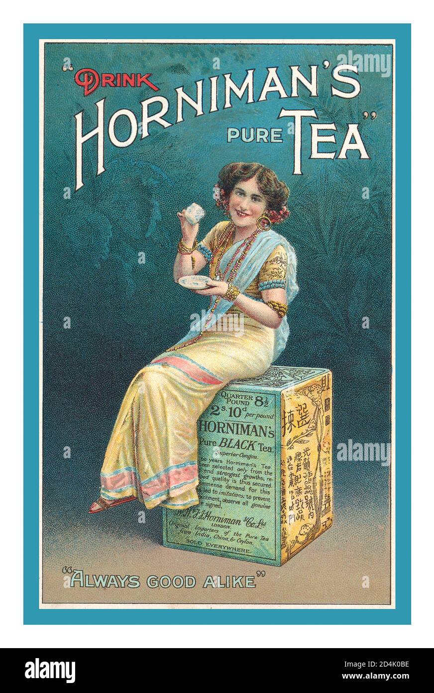 Vintage 1900 HORNIMAN'S TEA WERBUNG. Frederick John Horniman (8. Oktober 1835 – 5. März 1906) war ein englischer Teehändler, Sammler und öffentlicher Wohltäter. Er war der Sohn von John Horniman, der ein Tee-Geschäft mit mechanischen Verpackungen gegründet. Im Jahr 1891 soll es das größte Teeunternehmen der Welt sein. Werbung mit einer europäischen Dame, die auf einer Tee-Brust sitzt und einen asiatischen Sari/Saree trägt und eine Tasse Tee trinkt. Stockfoto