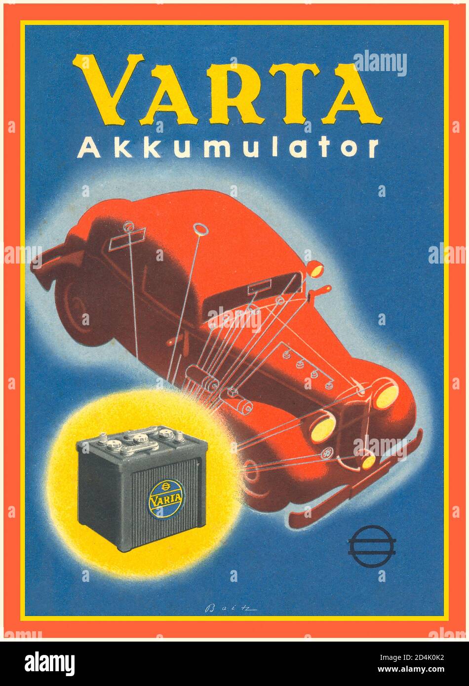 VARTA Autobatterie 'Akkumulator' Werbeplakat aus den 20er Jahren. VARTA German Batteries bietet seit über 100 Jahren weltweit fortschrittliche Technologie, leistungsstarke Leistung und außergewöhnlichen Service. Stockfoto
