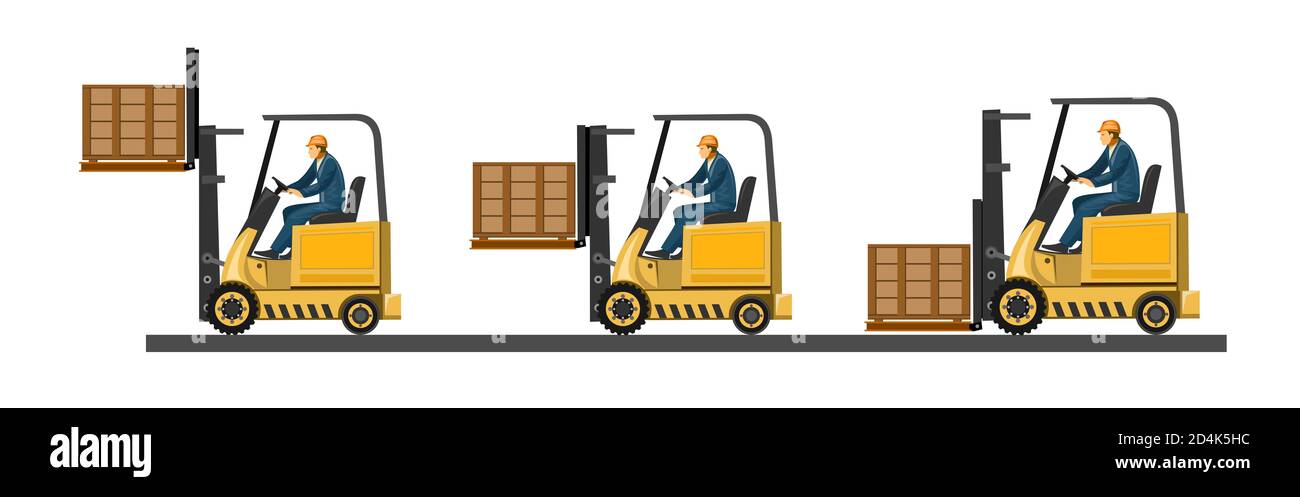 Gabelstapler. Vektor. Verladekisten, Ziegel, Steine, Fässer, Kartonverpackungen, Säcke, Zement. Paletten für Fracht. Lader. Holzpaletten. Laden und Stockfoto