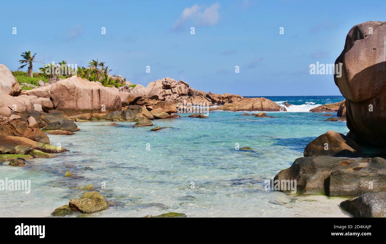 Charakteristisch schöne Granitfelsen mit Kokospalmen dazwischen und flaches türkisfarbenes Wasser am Strand Anse Cocos, La Digue. Stockfoto
