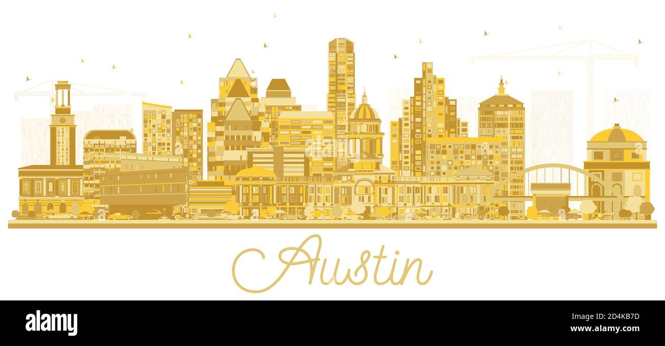 Austin Texas USA City Skyline Silhouette mit goldenen Gebäuden isoliert auf Weiß. Vektorgrafik. Business und Tourismus Konzept. Stock Vektor