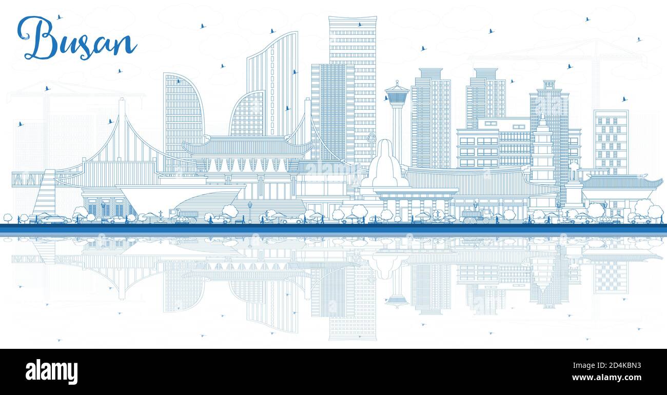 Skizzieren Sie Busan Südkorea City Skyline mit blauen Gebäuden und Reflexionen. Vektorgrafik. Business Travel und Tourismus Konzept. Stock Vektor