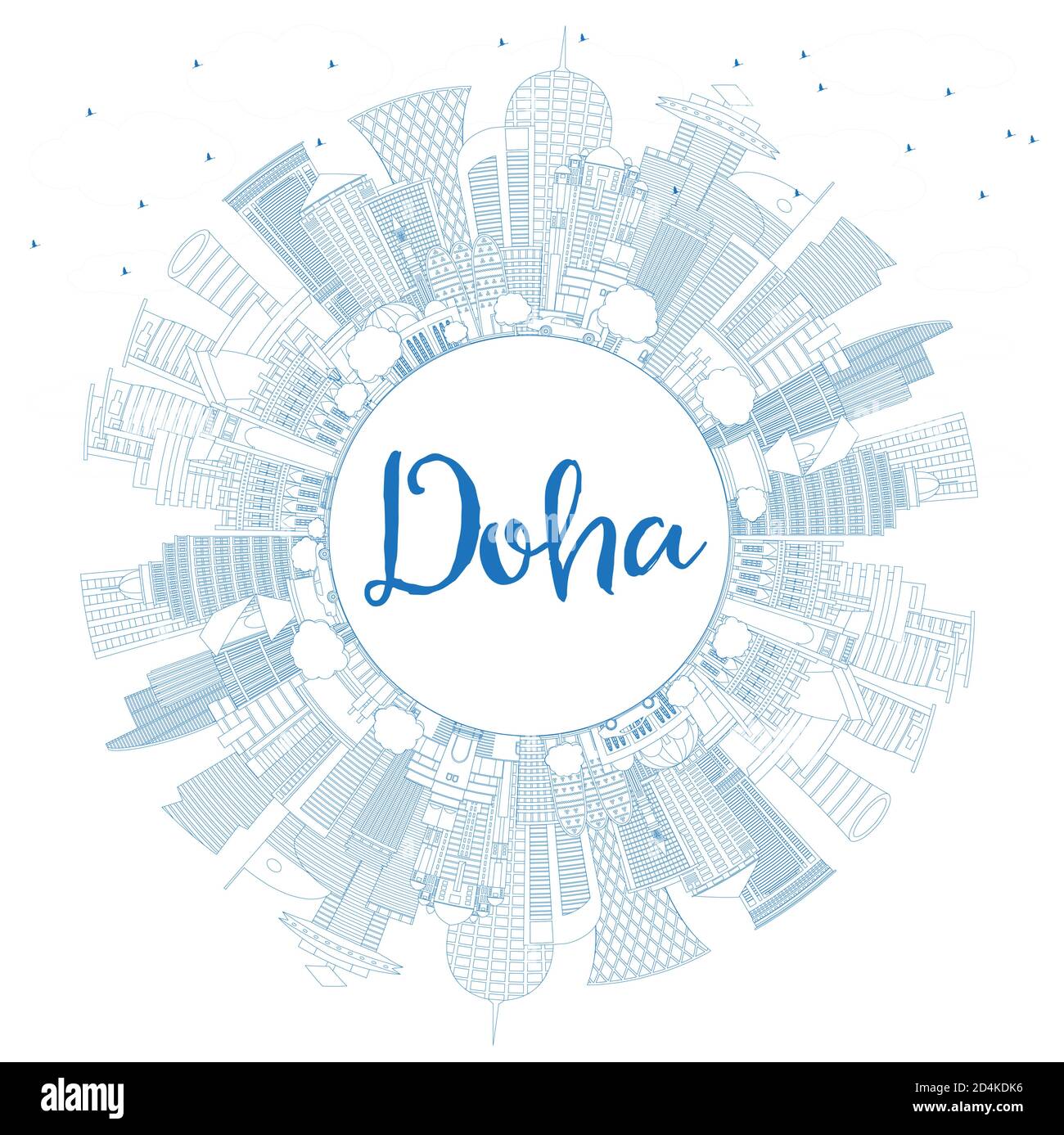 Umrisse Doha Katar Skyline der Stadt mit blauen Gebäude und Kopieren. Vector Illustration. Business Travel und Konzept mit moderner Architektur. Stock Vektor
