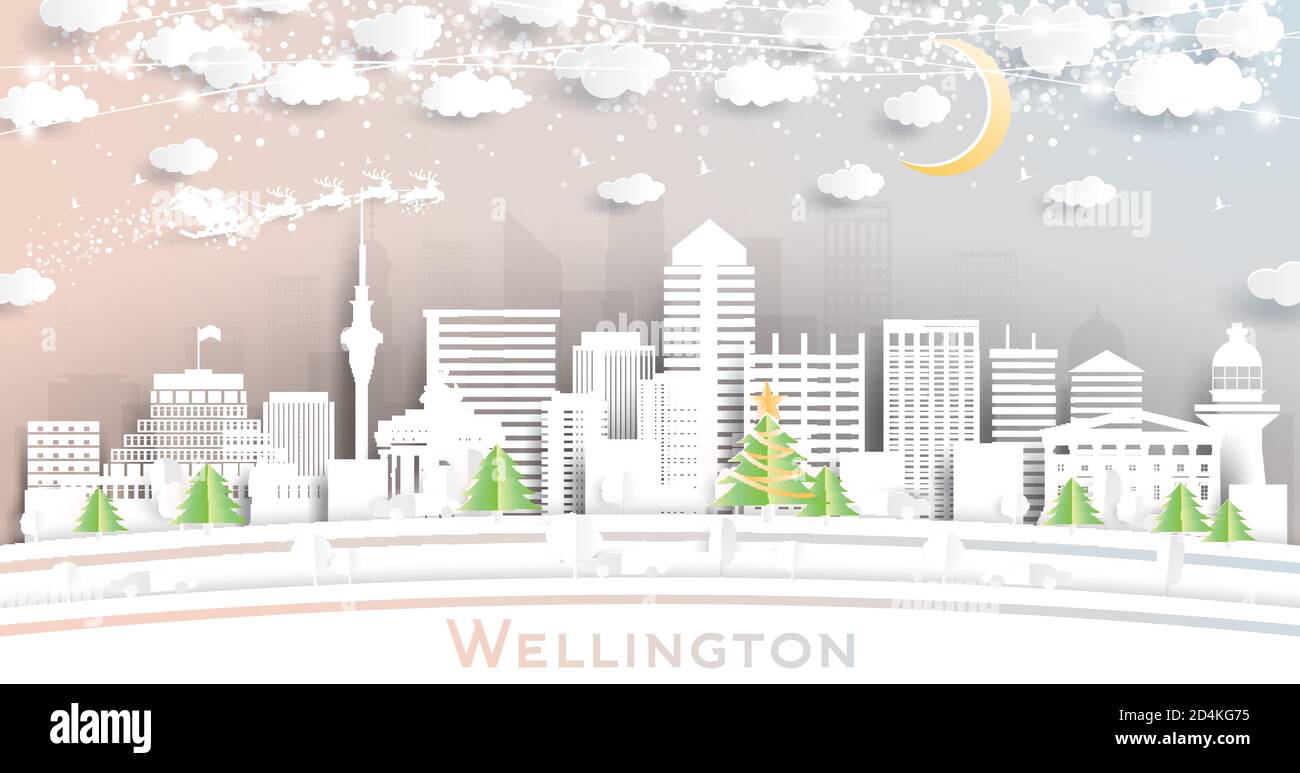 Wellington New Zealand City Skyline in Paper Cut Style mit Schneeflocken, Mond und Neon Girlande. Vektorgrafik. Weihnachts- und Neujahrskonzept. Sa Stock Vektor