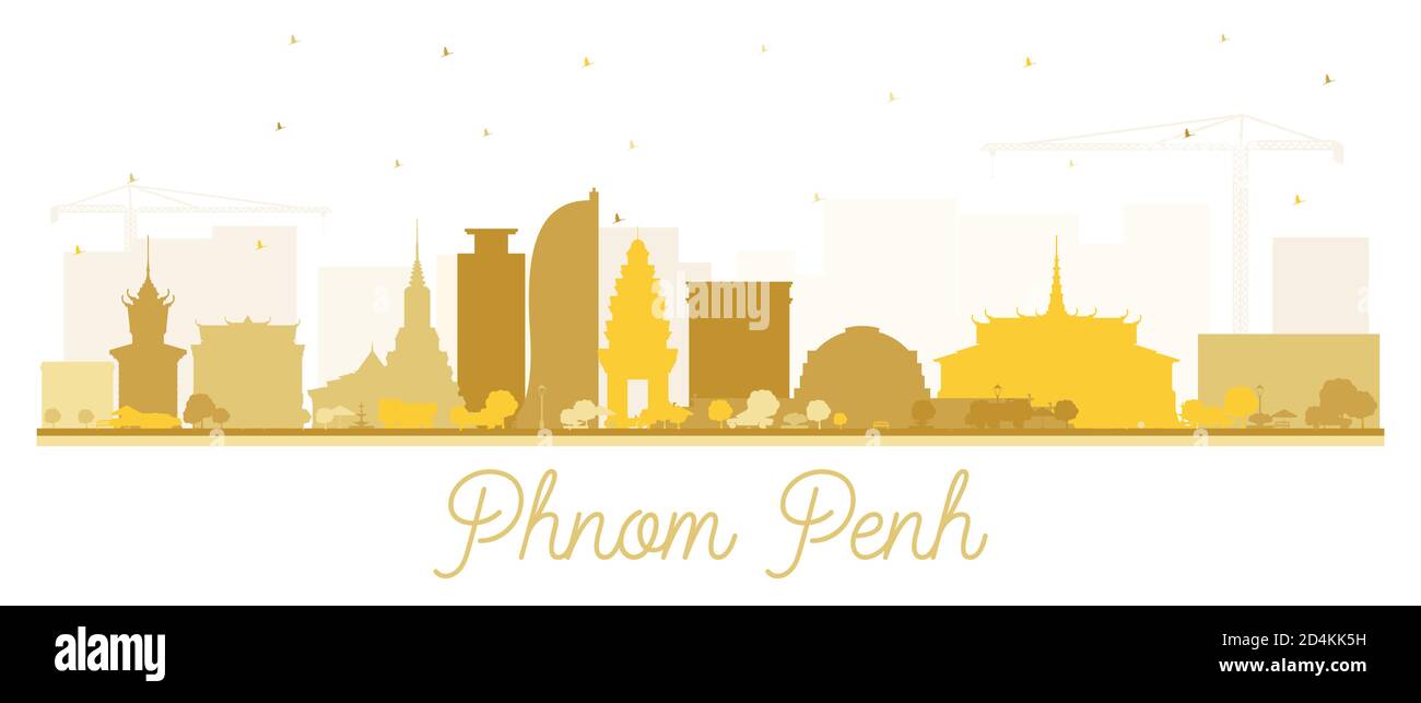 Phnom Penh Cambodia City Skyline Silhouette mit goldenen Gebäuden isoliert auf Weiß. Vektorgrafik. Tourismuskonzept mit historischer Architektur. Stock Vektor