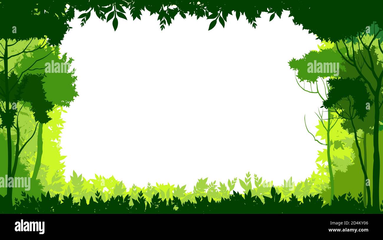 Bäume Pflanzen Rahmen. Vektorgrafik. Querformat. Hintergrund Wald, Äste, Sträucher und Gras. Landschaft Sommertag. Stockfoto