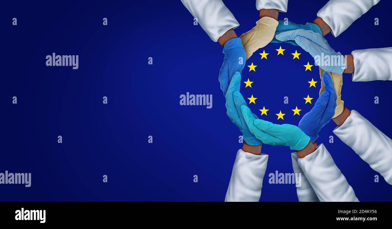 Europäische vereinte Gesundheitspersonal und wichtige EU-Krankenhauspersonal und medizinische Vorsorgegruppe oder Europa Medizin Teamarbeit als Gruppe von Ärzten. Stockfoto