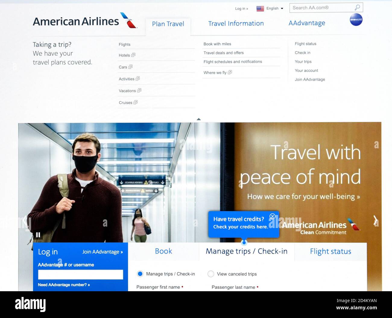 Ein Screenshot der Online-Seite von American Airlines zum Ticketkauf. Stockfoto