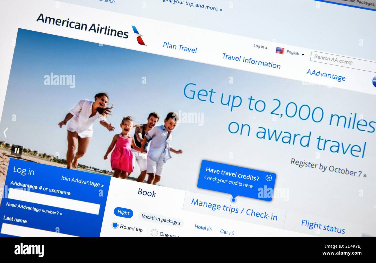 Ein Screenshot der Online-Seite von American Airlines zum Ticketkauf. Stockfoto