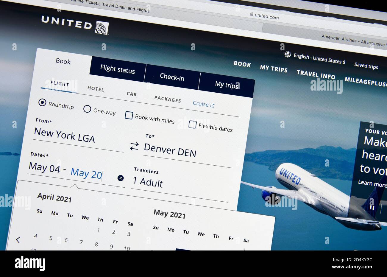 Ein Computerbild der Online-Seite für den Ticketkauf von United Airlines. Stockfoto