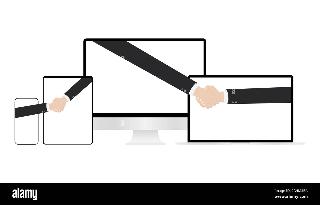 Computer, Tablet, Online Abschluss der Transaktion. Business-Handshake, über Telefon und Laptop, Computer, Tablet,. vektor-Illustration. Stock Vektor