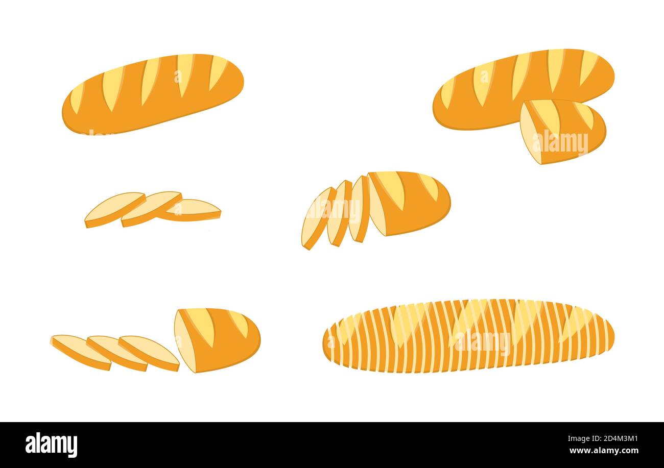 Set von Cartoon Backwaren für Backwaren Menü, Rezept Buch. Französisches Baguette, Roggenbrot, Vollkornbrot. Vektorgrafik flach. Stock Vektor