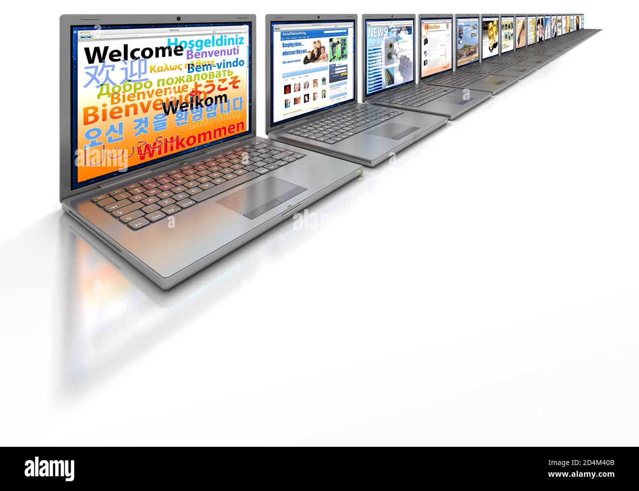 Laptop Computer Bildschirme, Social Media, Networking, weißer Hintergrund, isoliert, Laptop, Internet, E-Commerce, E-Mail, Website, miteinander verbunden Stockfoto