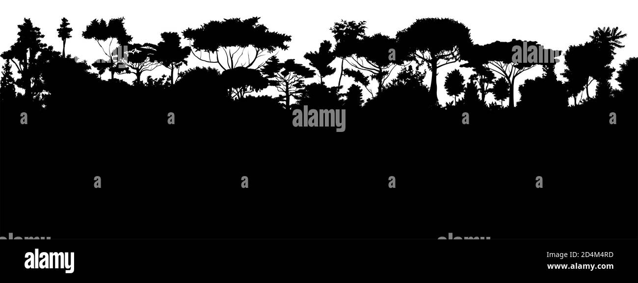 Sommergrüner Wald Silhouette. Vektor. Sommerlandschaft Dschungel. Panoramablick. Grüne Landschaft. Laubdarstellung. Stockfoto