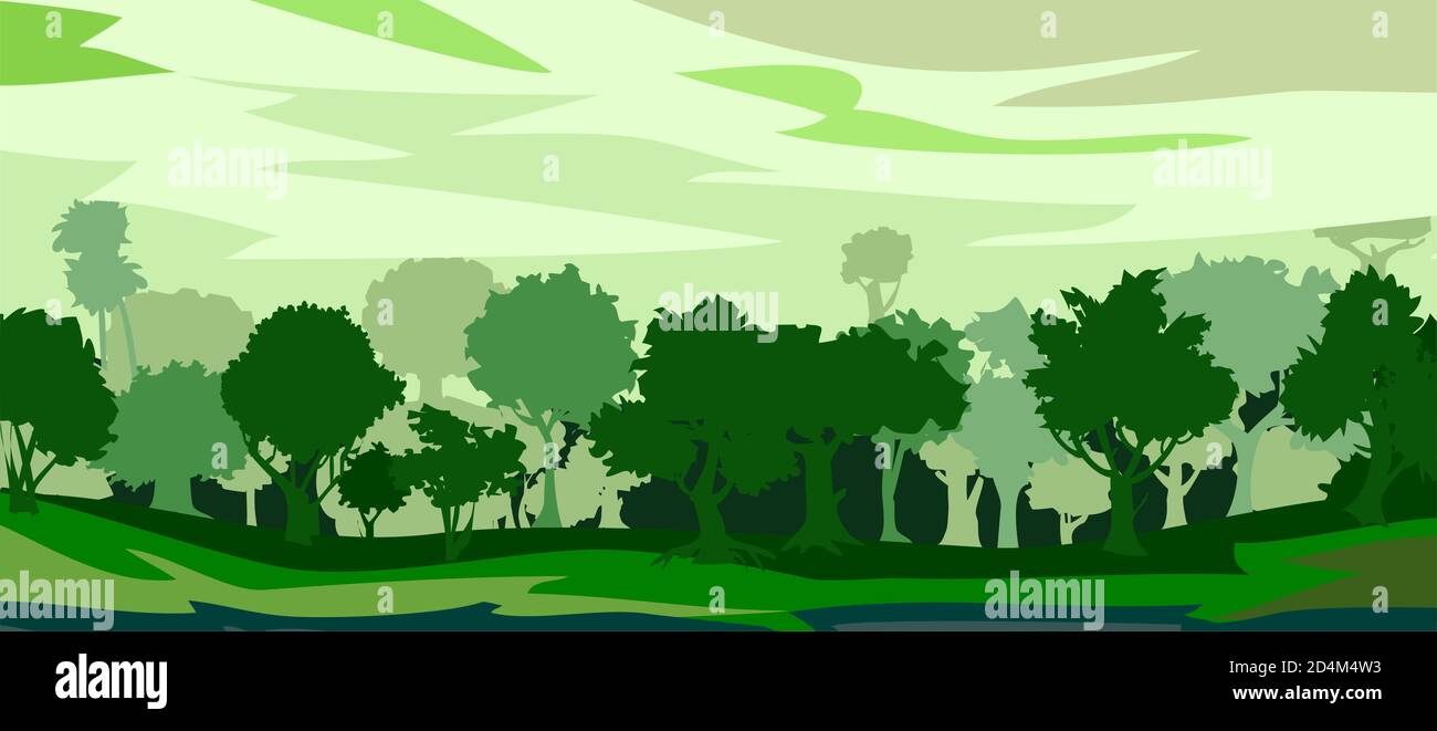 Sommergrüner Wald Silhouette. Vektor. Sommerlandschaft Dschungel. Panoramablick. Grüne Landschaft. Laubdarstellung. Stockfoto