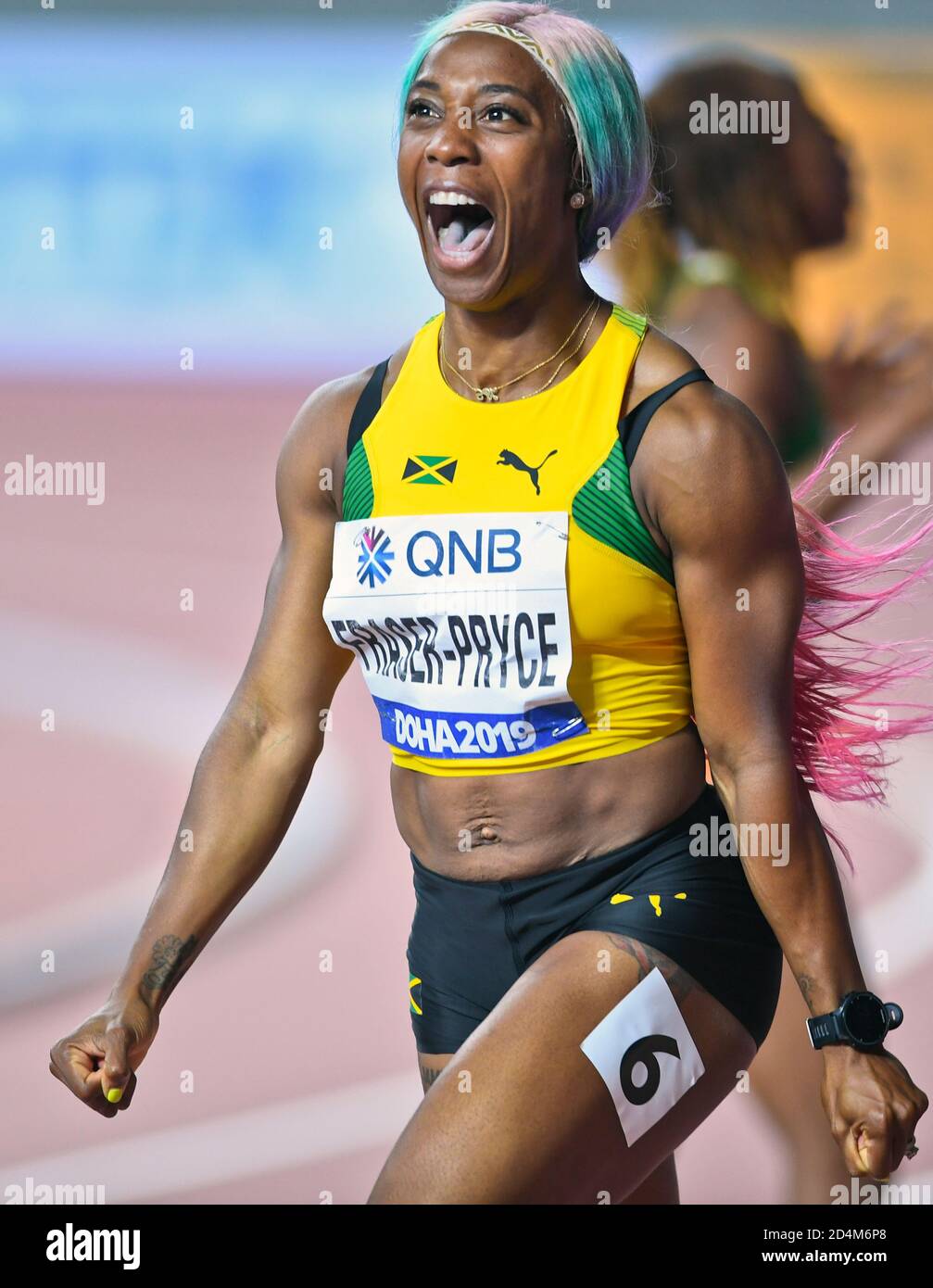 Shelly-Ann Fraser-Pryce (Jamaika). 100 m Goldmedaille. IAAF Leichtathletik WM, Doha 2019 Stockfoto