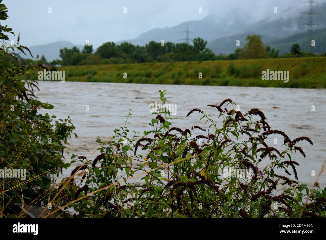 Überschwemmt rhein in Liechtenstein und der Schweiz nach ein paar Schwere Regentage 30.8.2020 Stockfoto