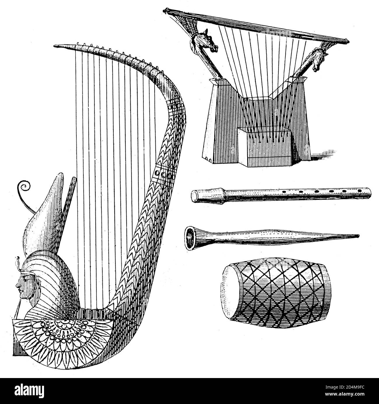 Stich des Musikinstruments aus dem 19. Jahrhundert aus dem alten Ägypten. Veröffentlicht in Systematischer Bilder-Atlas zum Conversations-Lexikon, Ikonographische E Stockfoto