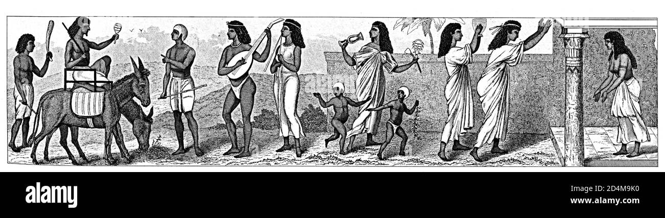 Antike Gravur der Szene des Lebens im alten Ägypten - festing Treffen der Gäste. Veröffentlicht in Systematischer Bilder-Atlas zum Conversations-Lexikon, I Stockfoto